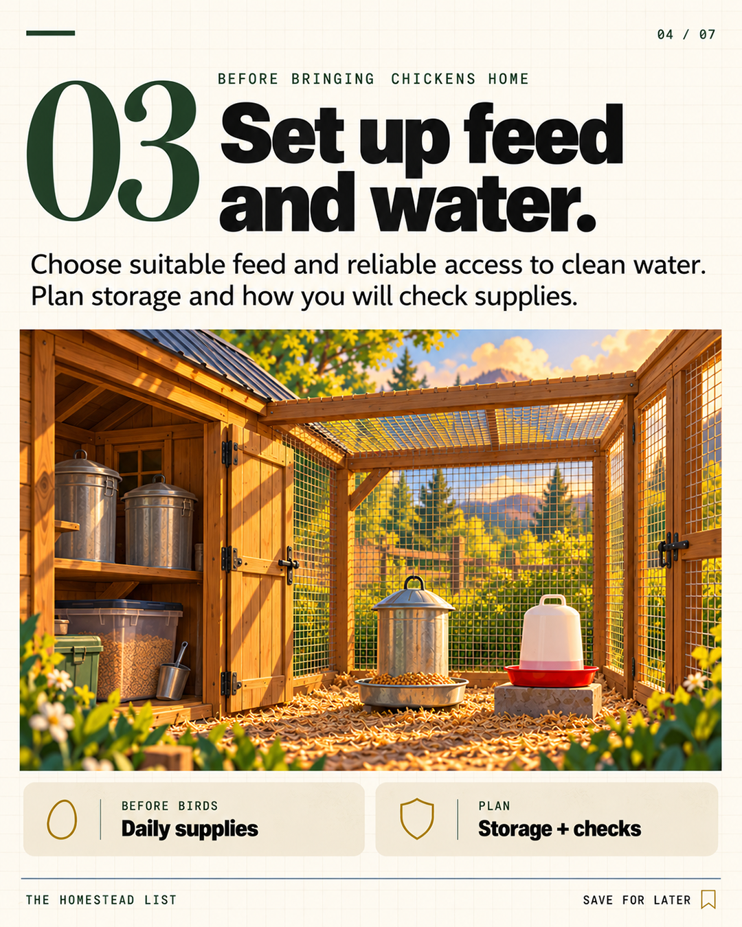 3. Set up feed and water.