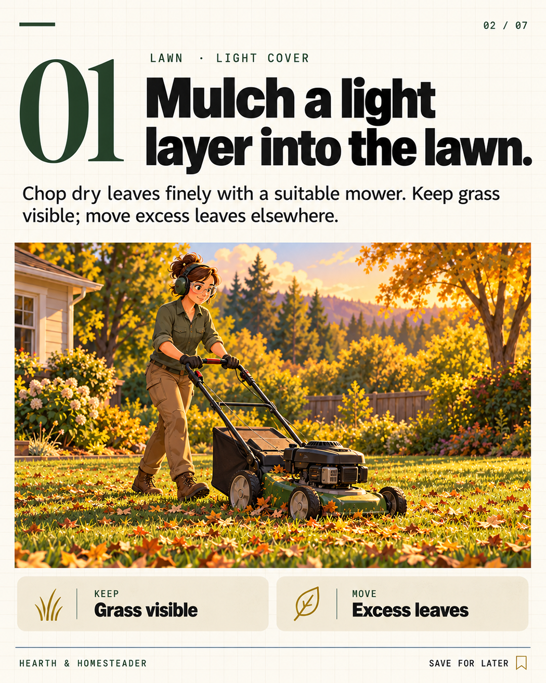 1. Mulch a light layer into the lawn.