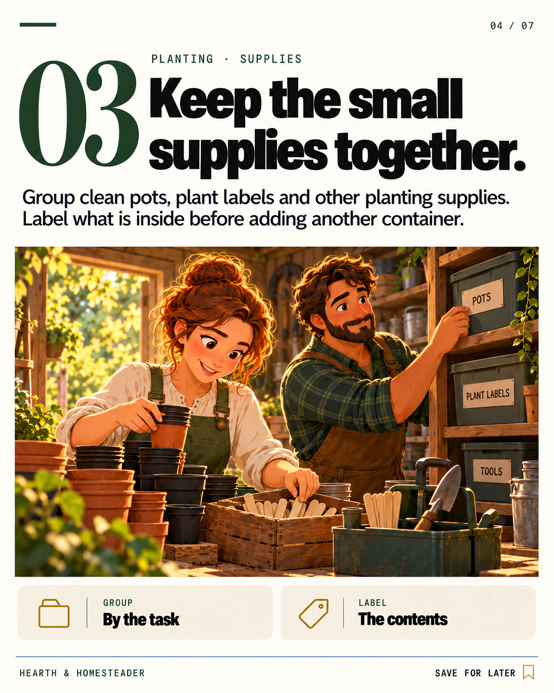 3. Group planting supplies by task.