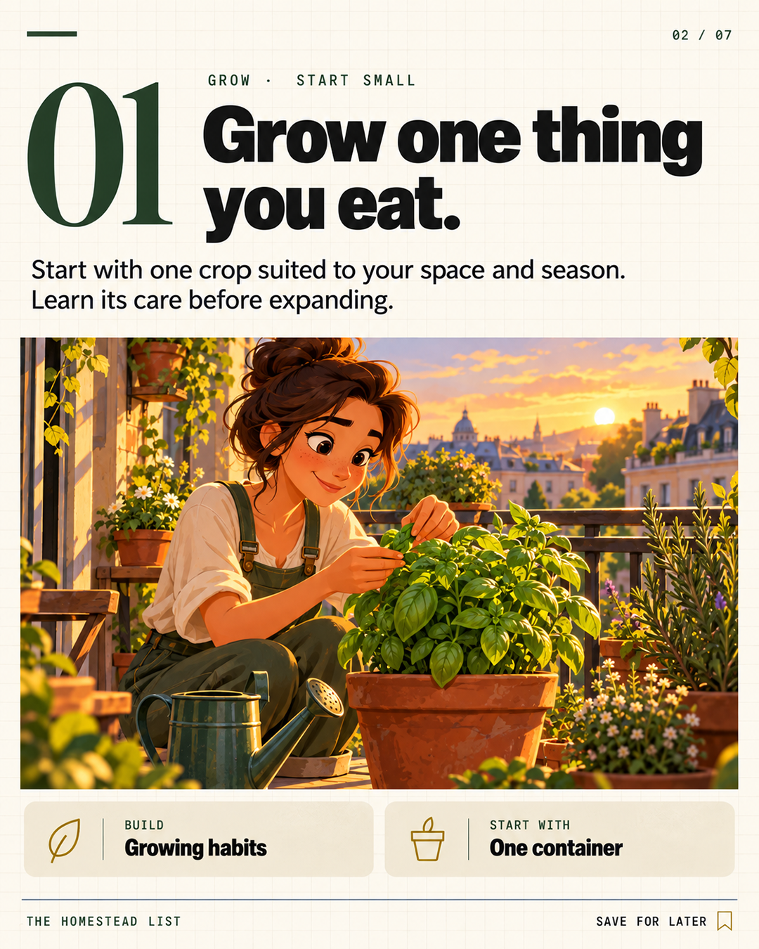 1. Grow one thing you already eat — illustrated homestead skill card