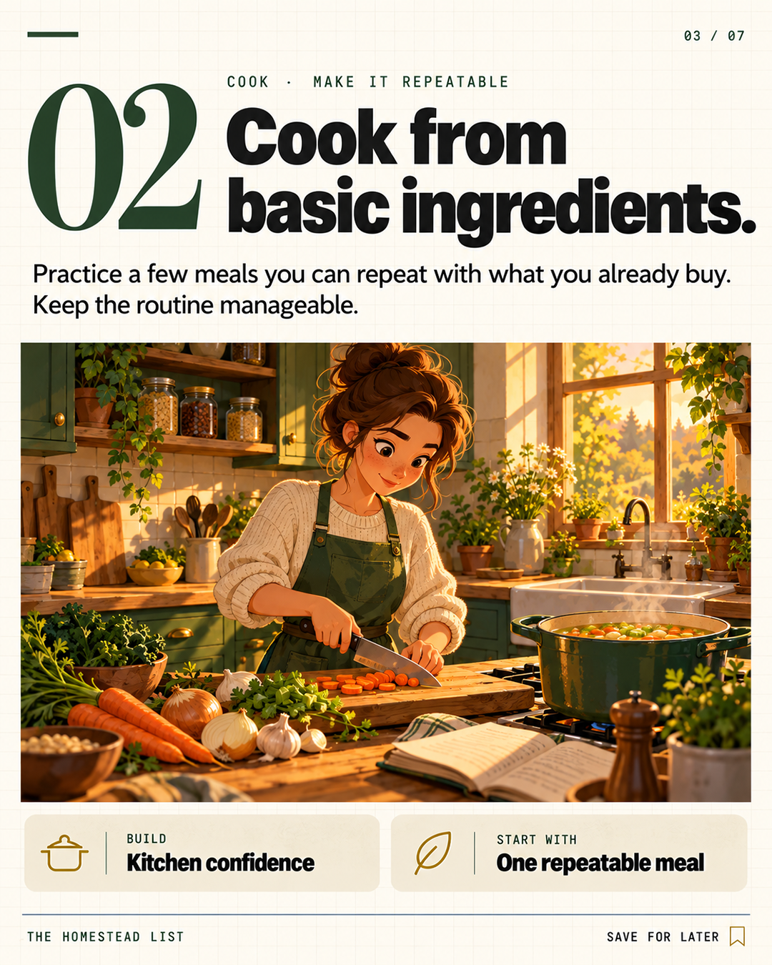 2. Cook a meal you can repeat — illustrated homestead skill card
