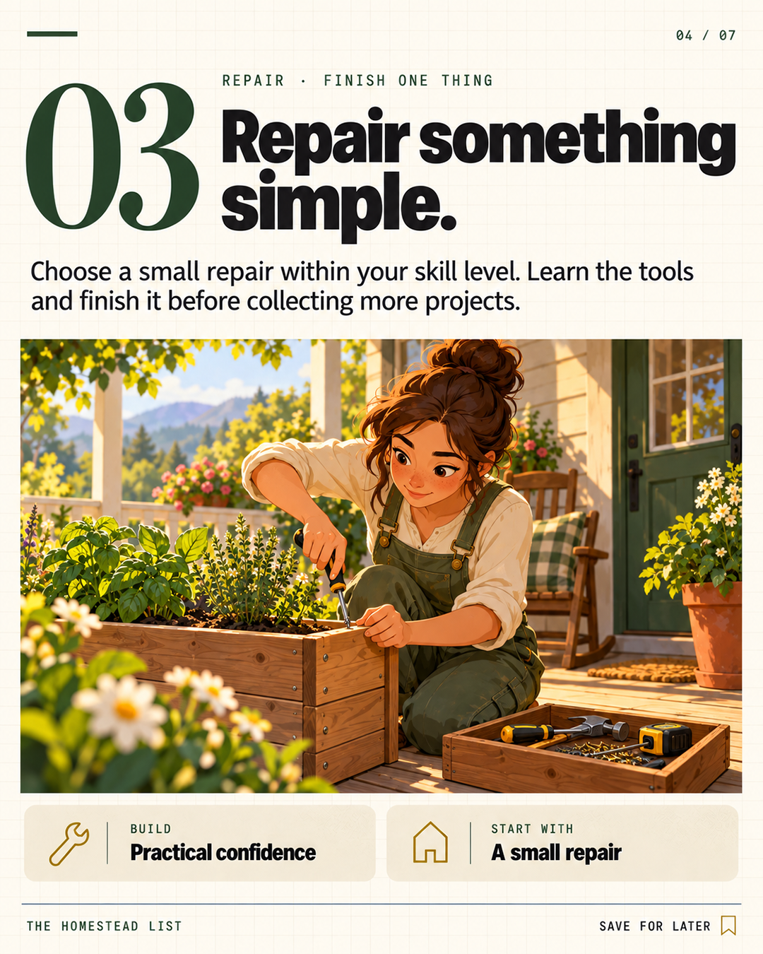 3. Finish a small, appropriate repair — illustrated homestead skill card
