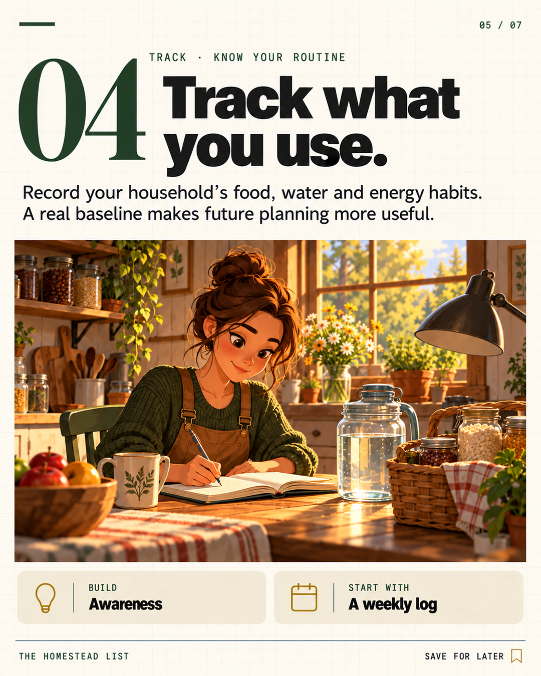 4. Observe what your household uses — illustrated homestead skill card