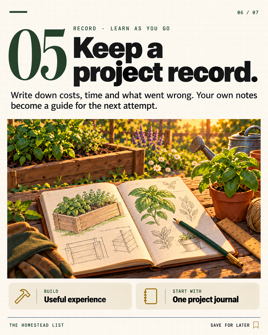 5. Keep a project record you will reuse — illustrated homestead skill card